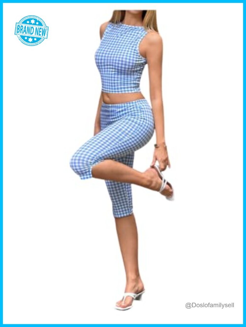 Women 2 Piece Gingham Plaid Crop Tank Top Capri Pants Set